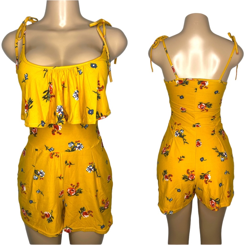 New Size S Yellow Floral Summer Romper Adjustable Straps Stretchy Short Jumpsuit